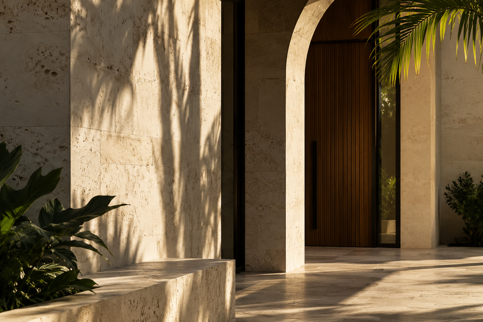 Architectural concept showing warm coastal stone, a sculpted arch and tropical greenery